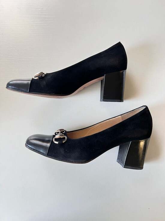 Gucci Shoes - Gucci Vintage Horsebit Suede and Leather Square Toe Block Heel Pumps